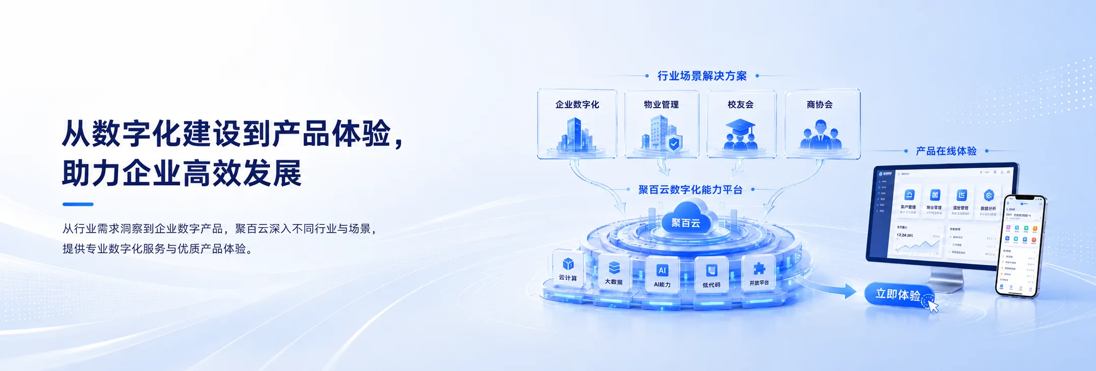 从数字化建设到产品体验，助力企业高效发展。从行业需求洞察到企业数字产品，聚百云深入不同行业与场景，提供专业数字化服务与优质产品体验。
